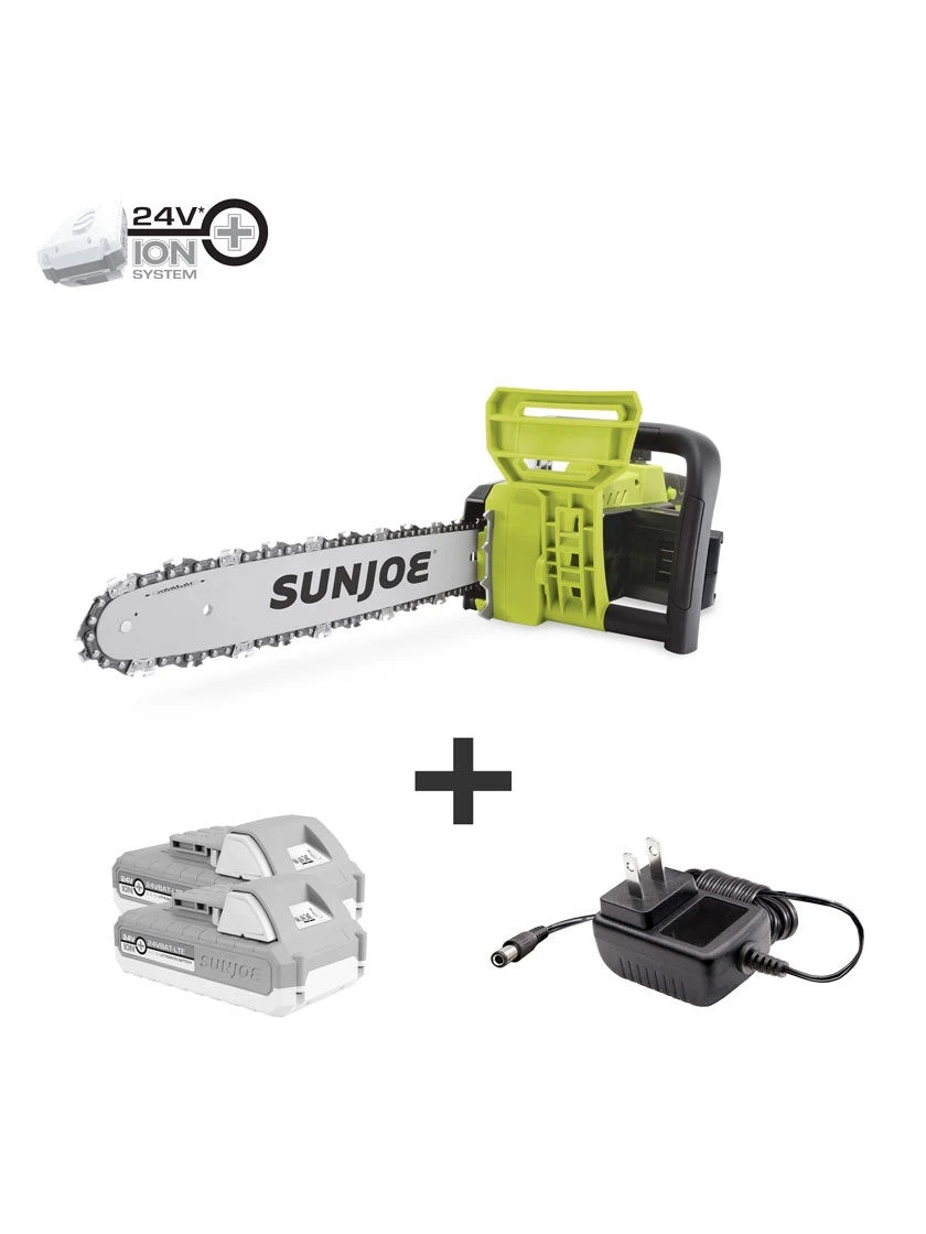 Sun Joe ® 24V-X2-CS16 48-Volt ION+ Cordless Chain Saw Kit | 16-Inch | W/ 2 X 2.0-Ah Batteries And Charger 3 Sun Joe ® 24V-X2-CS16 48-Volt ION+ Cordless Chain Saw Kit | 16-Inch | W/ 2 X 2.0-Ah Batteries And Charger